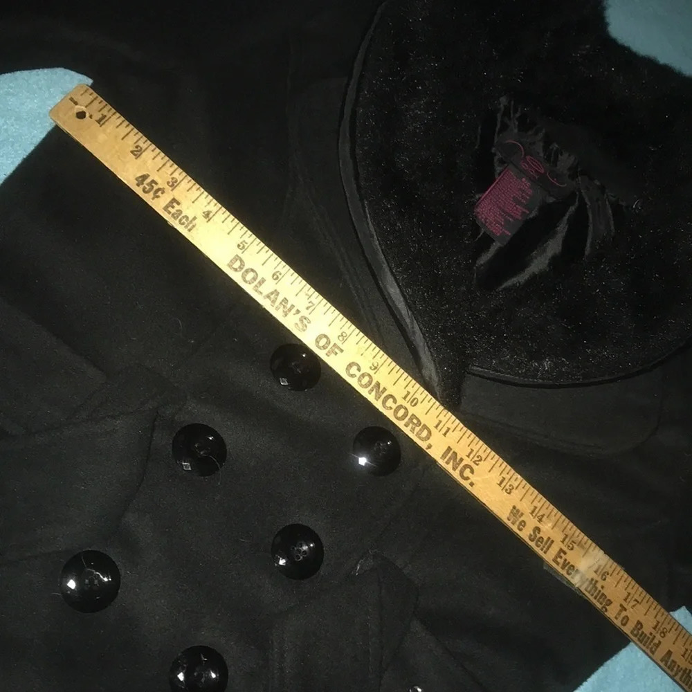 NEW LOOK wool double breasted, belted, removable faux fur collar black size S - Picture 6 of 9